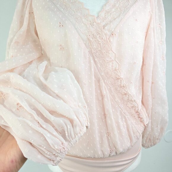 Express Surplice Blush Pink Eyelet Lace Wrap Long Sleeve Bodysuit Top - Picture 8 of 13
